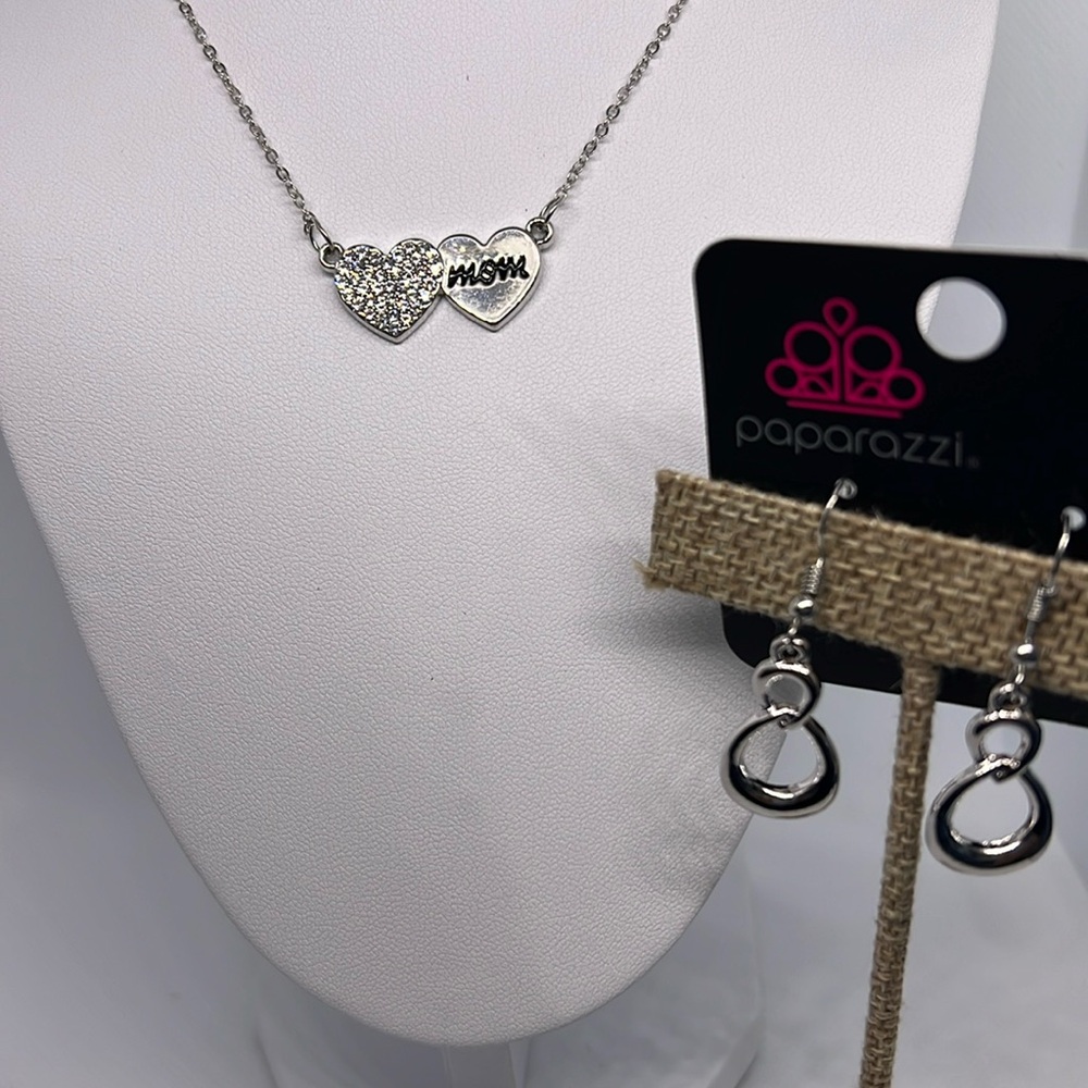 Mother’s Day, necklace, double hearts, rhinestones, and earring set